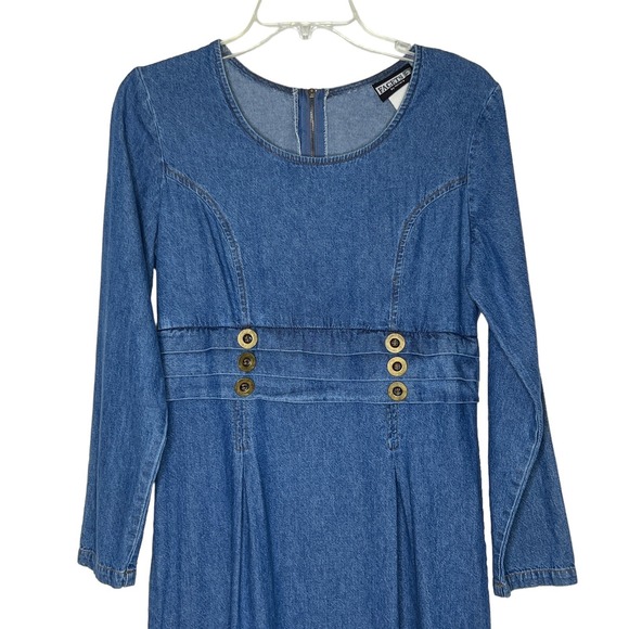 Vintage 80s 90s Denim Dress Sz 10 Blue Empire Waist Zip Tie Back 100% Cotton - Picture 2 of 9